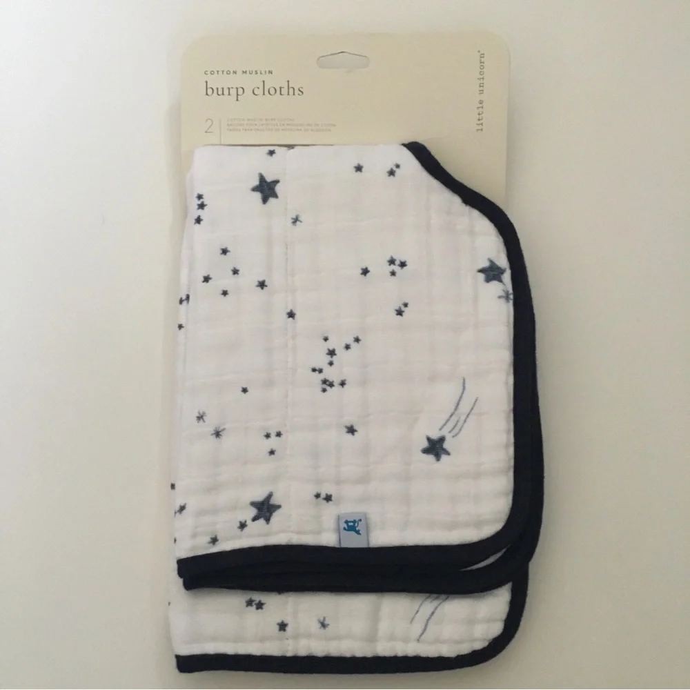 Muslin 2 Burp Cloths Classic Cotton Absorbent Blue Stars NEW | Little Unicorn